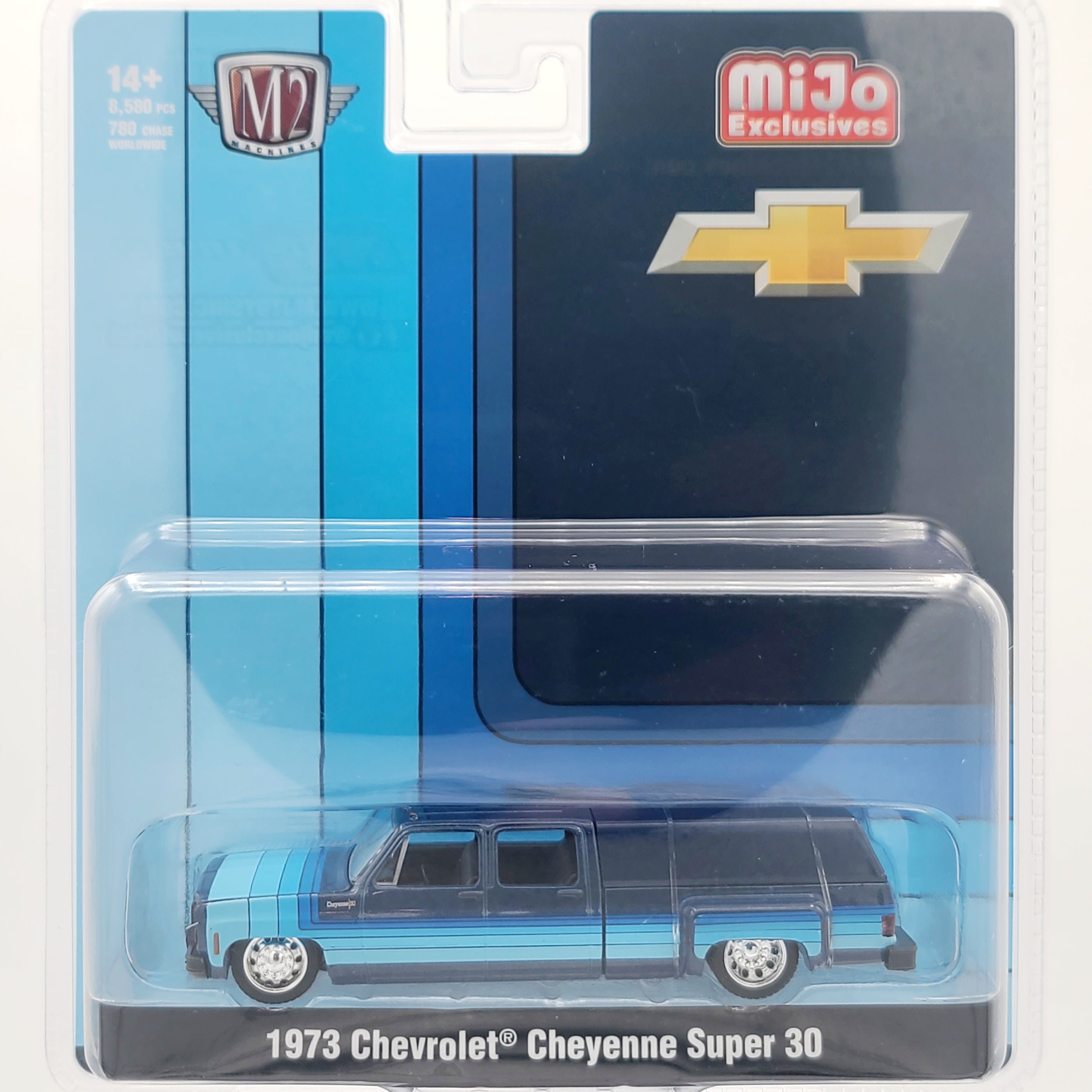 M2 Machines 1973 Chevrolet Cheyenne Super 30 Dually Pickup w/ Camper Shell - 1:64, Blue (2025 MiJo Exclusives - Limited Edition)